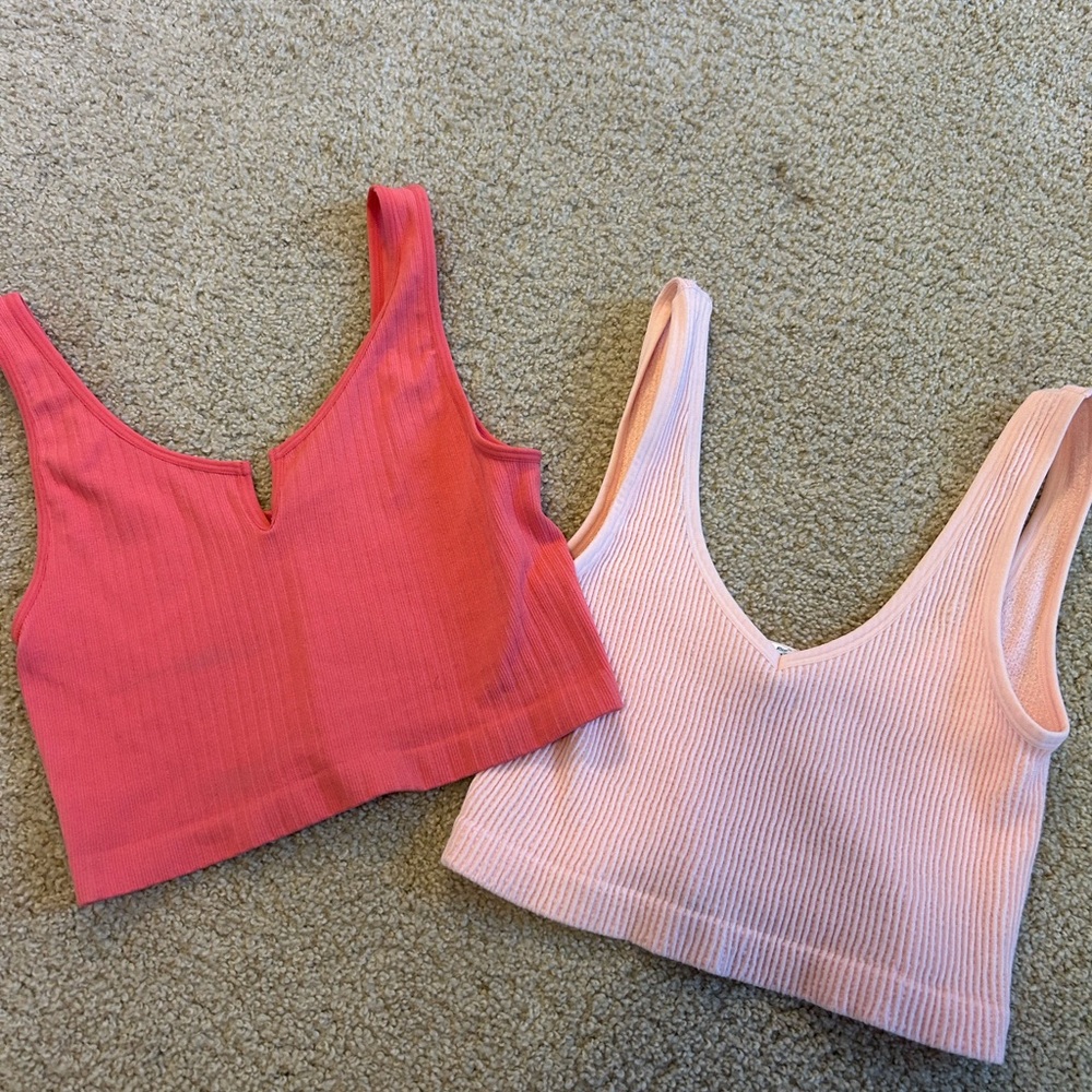 Set of Two Ribbed Crop Tops - Pink and Coral